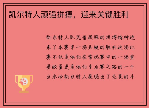 凯尔特人顽强拼搏，迎来关键胜利